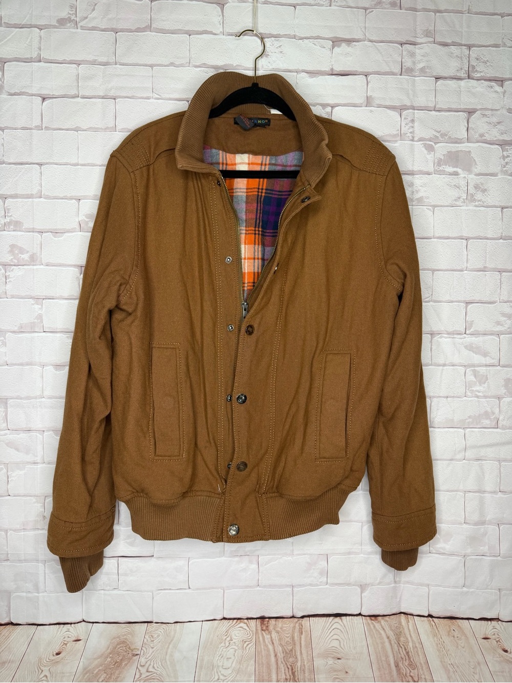 Tulliano Men’s Med Brown Wool Blend Bomber Jacket Plaid Lined